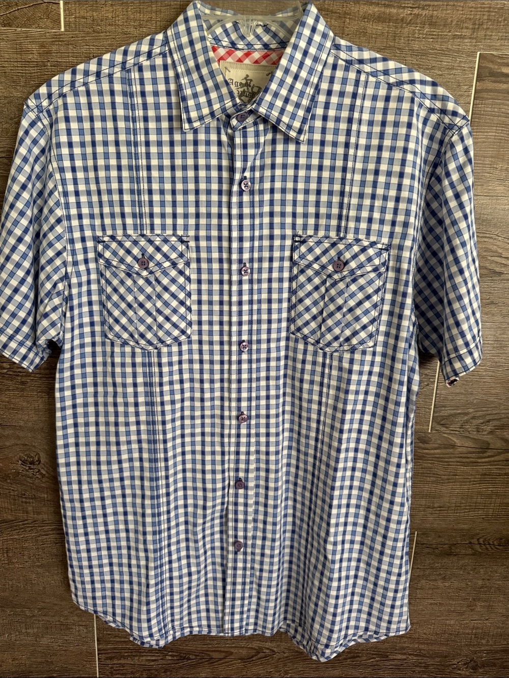 Age of Wisdom Men's Blue and White Gingham Short-Sleeve Shirt